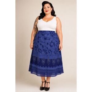 Multi Shade Blue SND Skirt 100% Rayon Made in India Floral Pattern Plus 2X